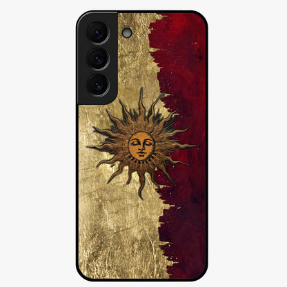 Crimson Sun Majesty Glass Case showing flat back view with radiant sun inspired artwork and glossy glass finish.