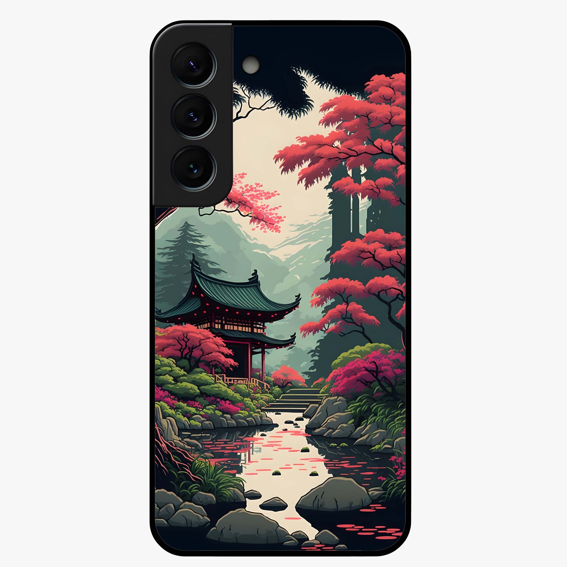 Crimson Temple View Glass Case showing flat back view with temple inspired artwork and glossy glass finish.
