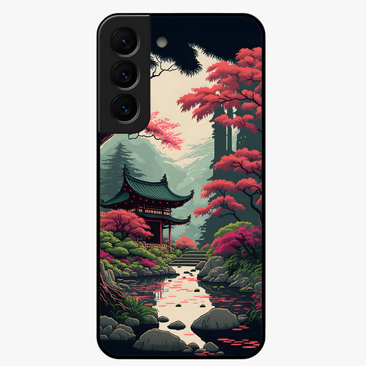 Crimson Temple View Glass Case showing flat back view with temple inspired artwork and glossy glass finish.