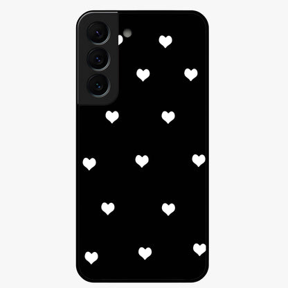 Cute And Simple White Hearts Glass Case showing flat back view with minimal white heart pattern and glossy glass finish.