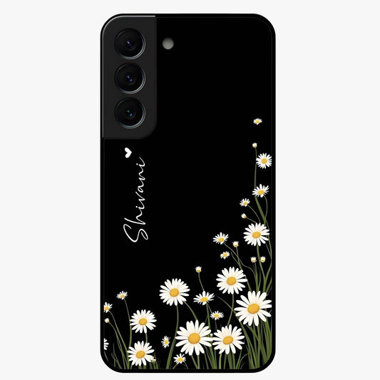 Daisy Cascade Custom Name Glass Case showing flat back view with cascading daisy flowers and personalized name design.