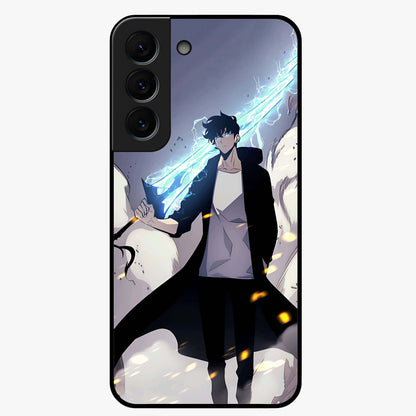 Dark Lightning Anime Warrior Glass Case showing flat back view with intense anime warrior artwork and glossy glass finish.