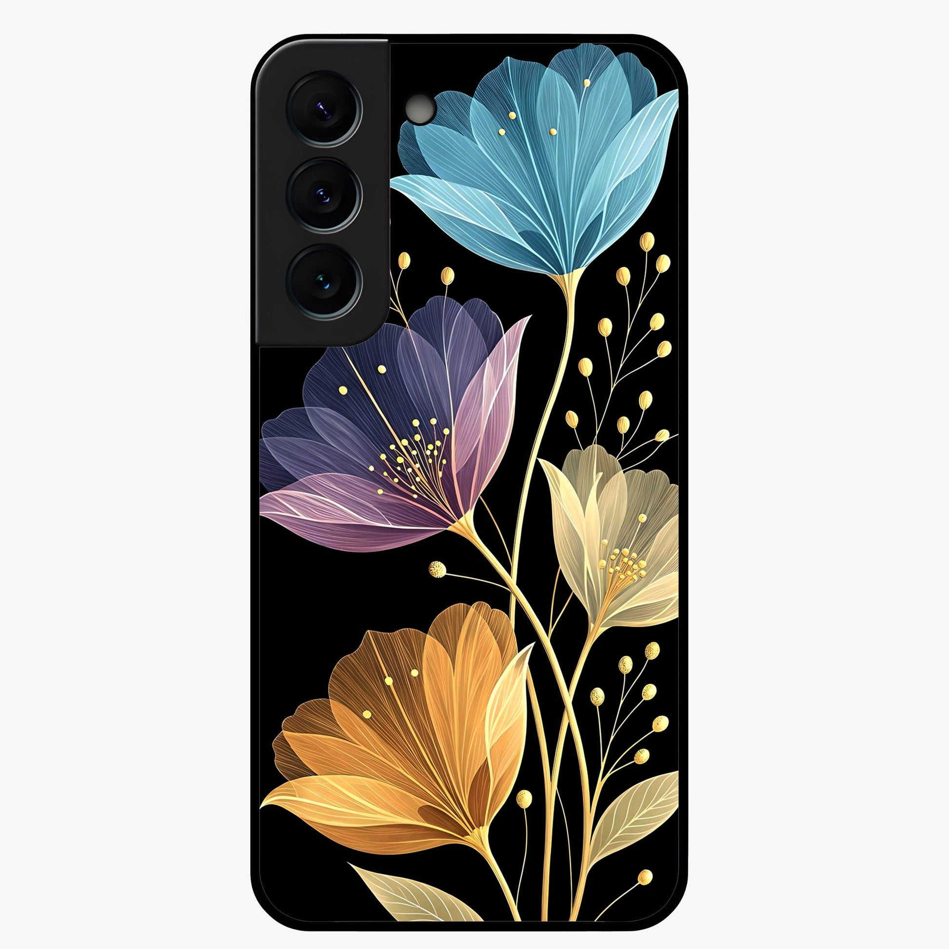 Delicate Multicolor Flowers Glass Case showing flat back view with vibrant floral artwork and glossy glass finish.