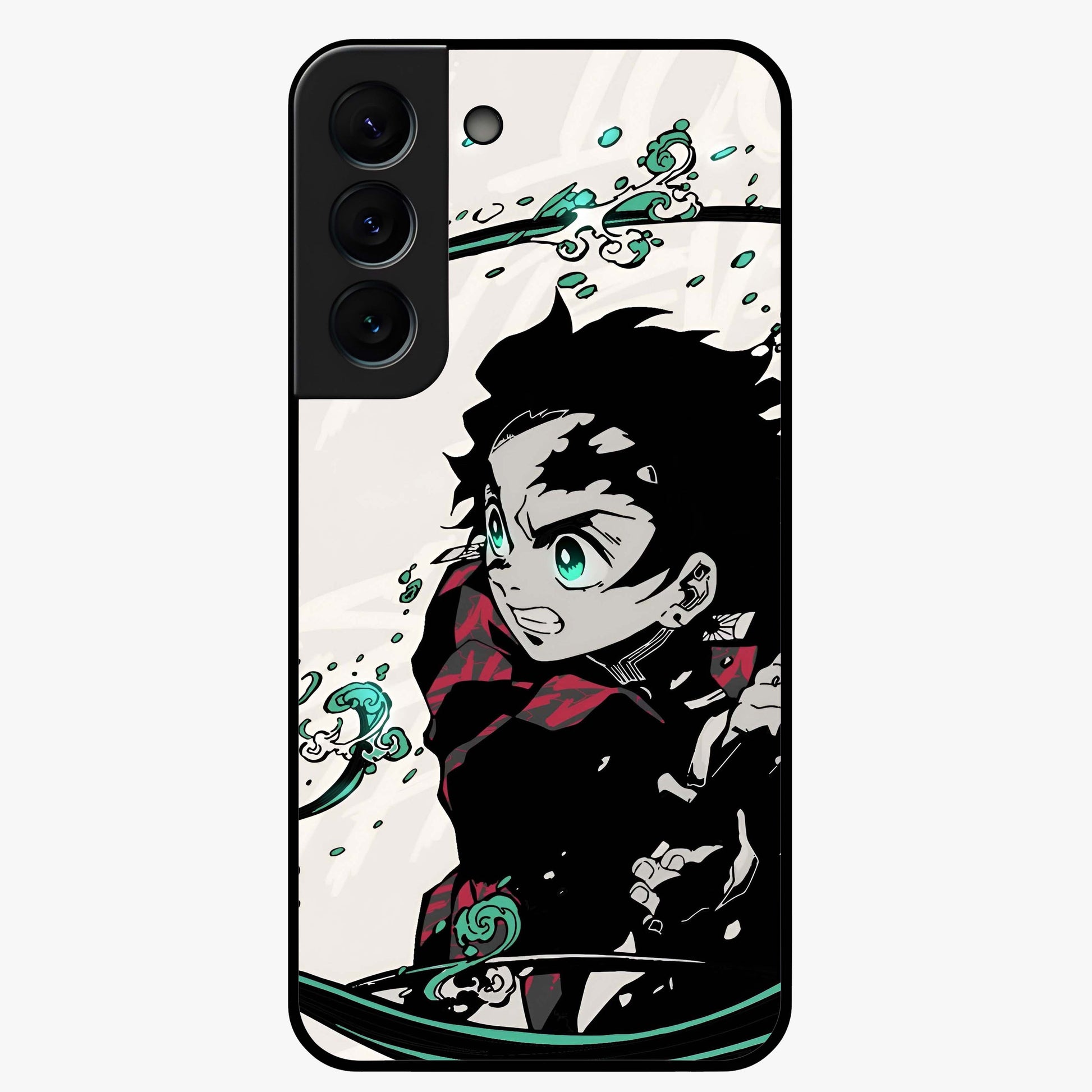 Demon Slayer Glass Case showing flat back view with bold anime inspired artwork and glossy glass finish.