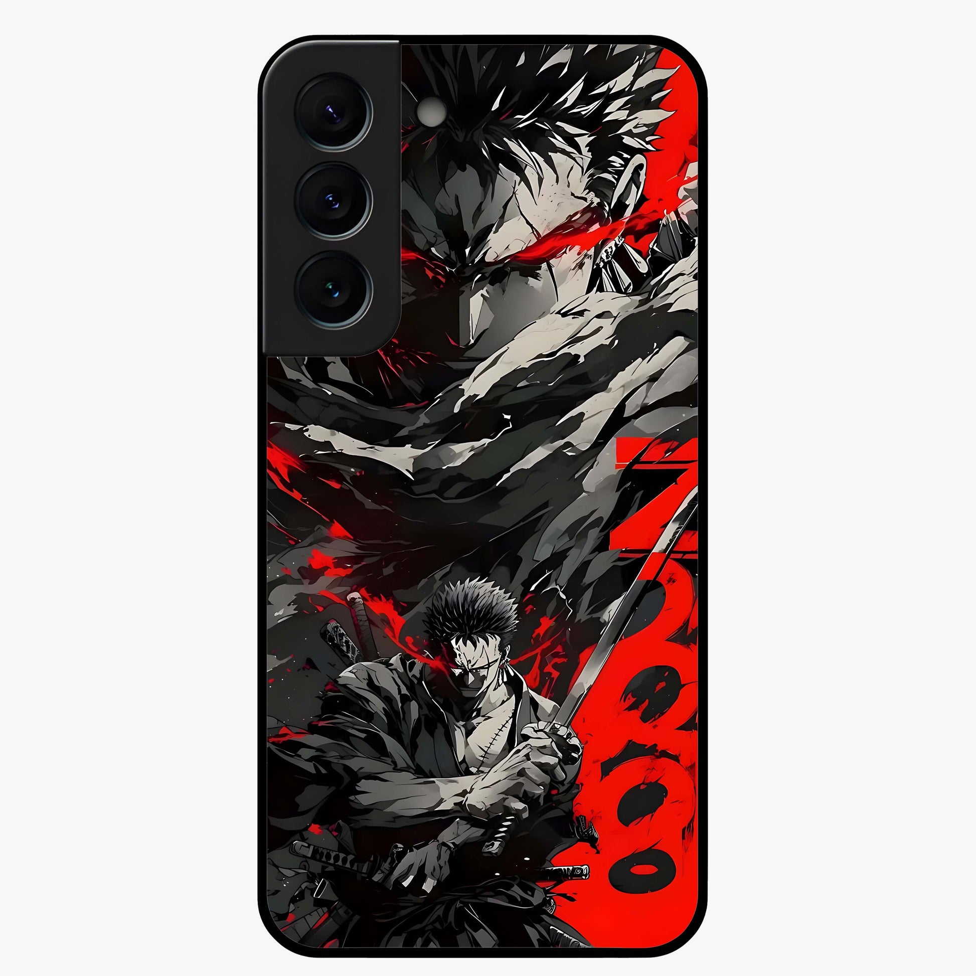 Demon Sword Resolve Glass Case showing flat back view with fierce sword warrior artwork and glossy glass finish.
