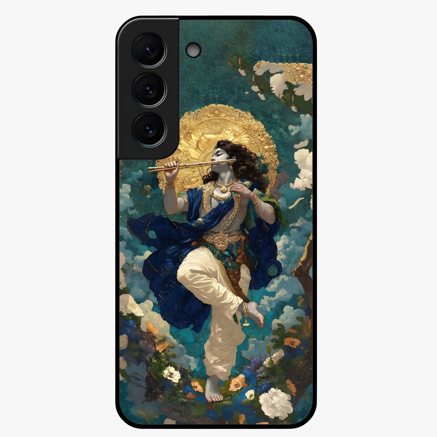 Divine Krishna Art Glass Case showing flat back view with Lord Krishna artwork and glossy glass finish.