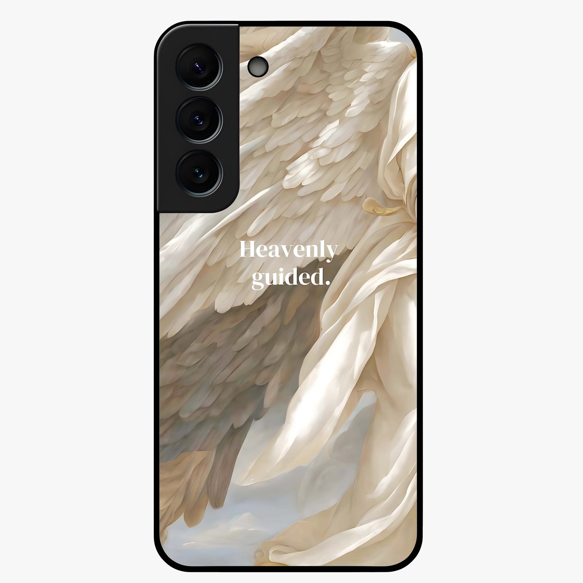 Divine Winged Grace Glass Case showing flat back view with elegant wing inspired artwork and glossy glass finish.