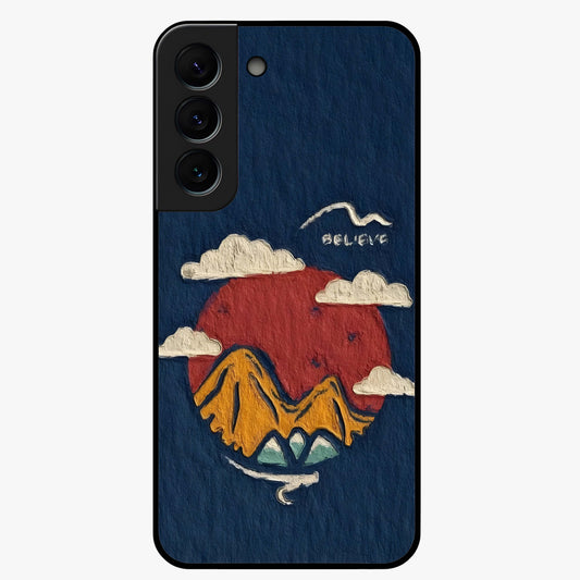Dream Beyond Mountains Glass Case showing flat back view with scenic mountain landscape artwork and glossy glass finish.