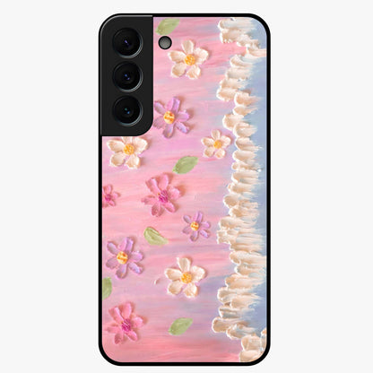 Dreamy Painted Garden Glass Case showing flat back view with artistic painted floral garden artwork and glossy glass finish.