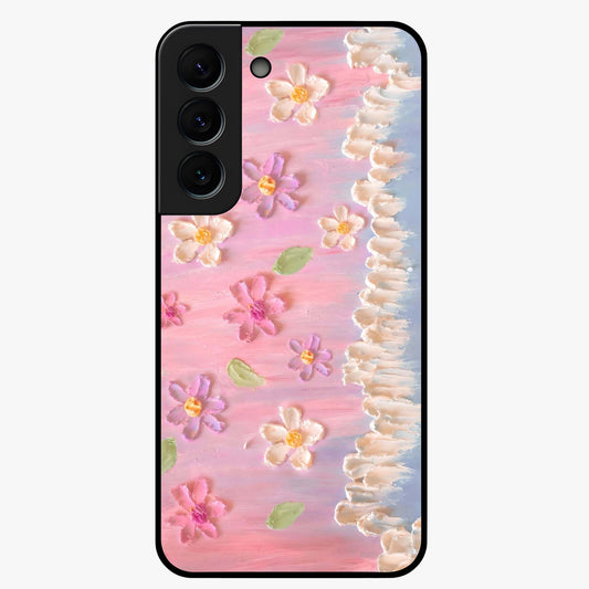 Dreamy Painted Garden Glass Case showing flat back view with artistic painted floral garden artwork and glossy glass finish.