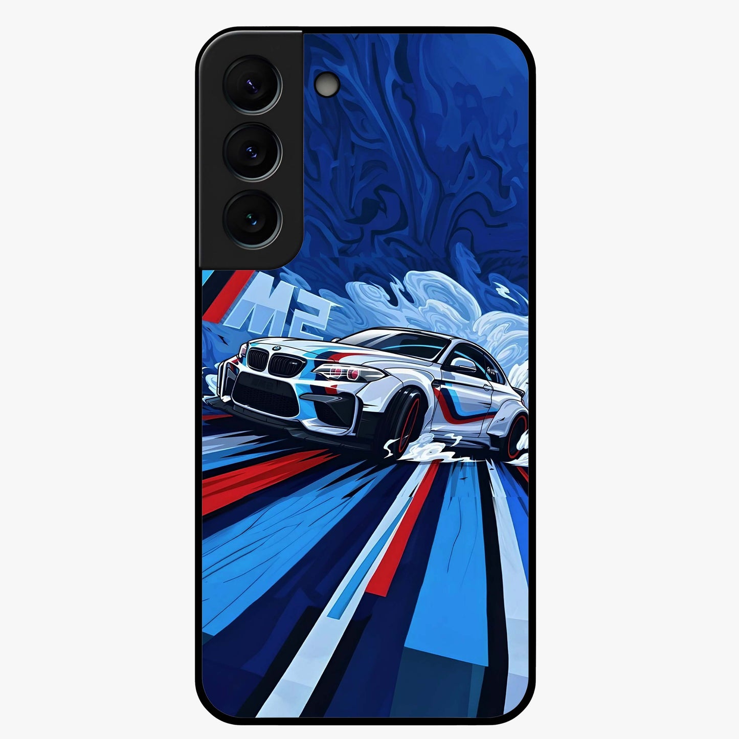 Drift Power Rush Glass Case showing flat back view with dynamic racing inspired artwork and glossy glass finish.