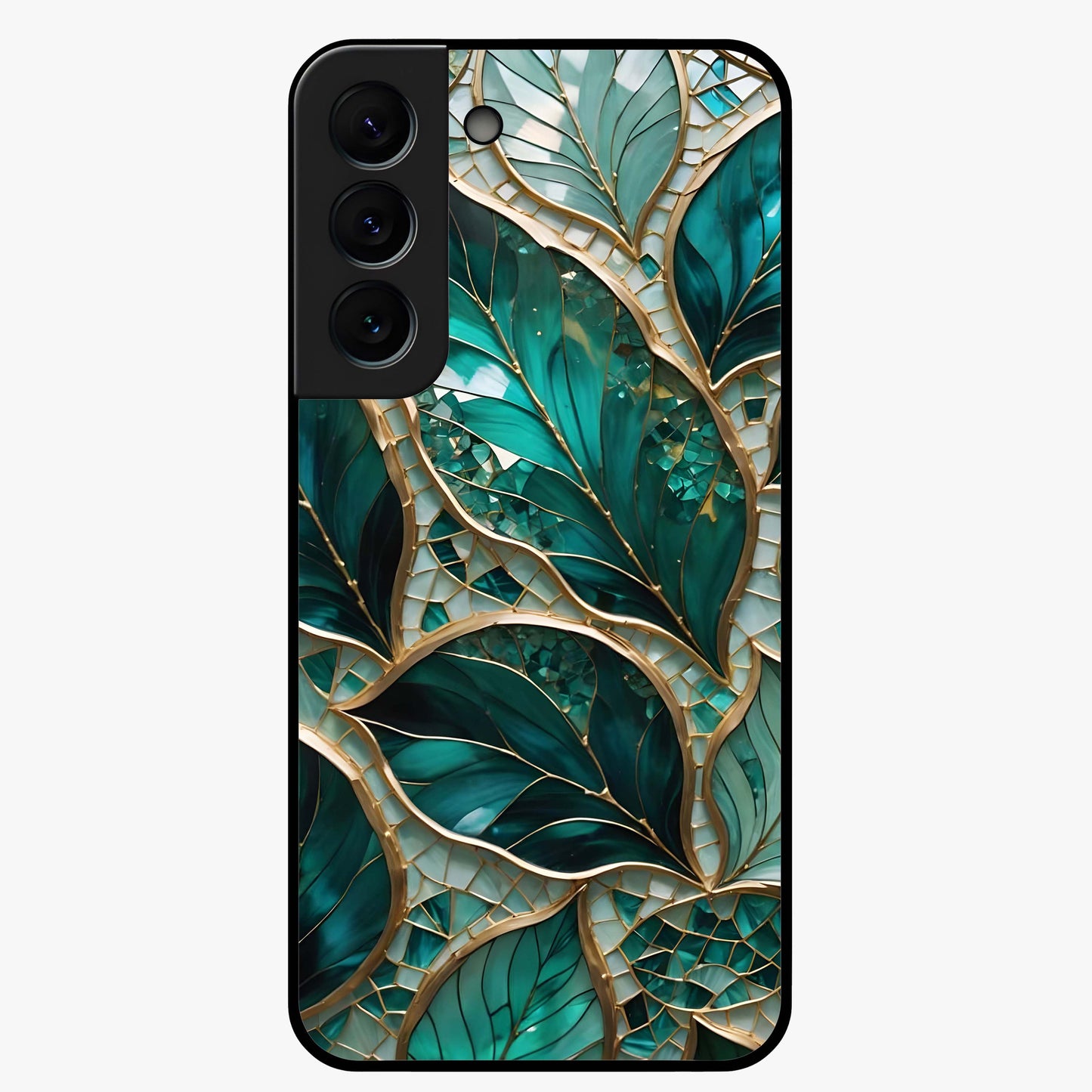 Emerald Leaf Glass Glass Case showing flat back view with emerald green leaf artwork and glossy glass finish.
