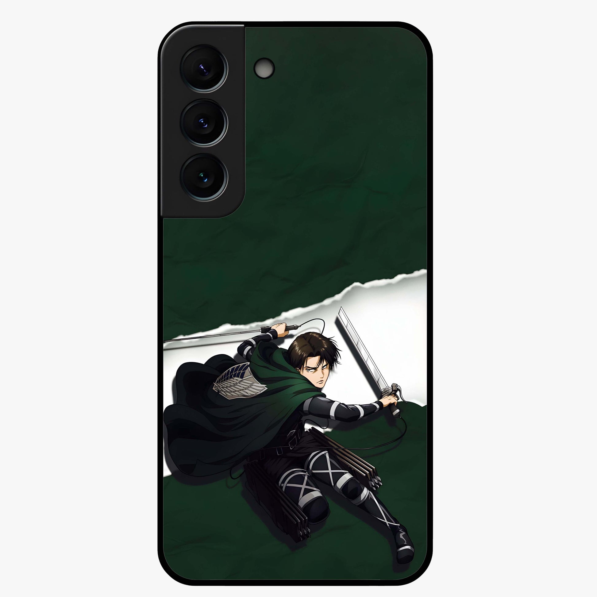 Emerald War Vanguard Glass Case showing flat back view with powerful warrior themed artwork and glossy glass finish.