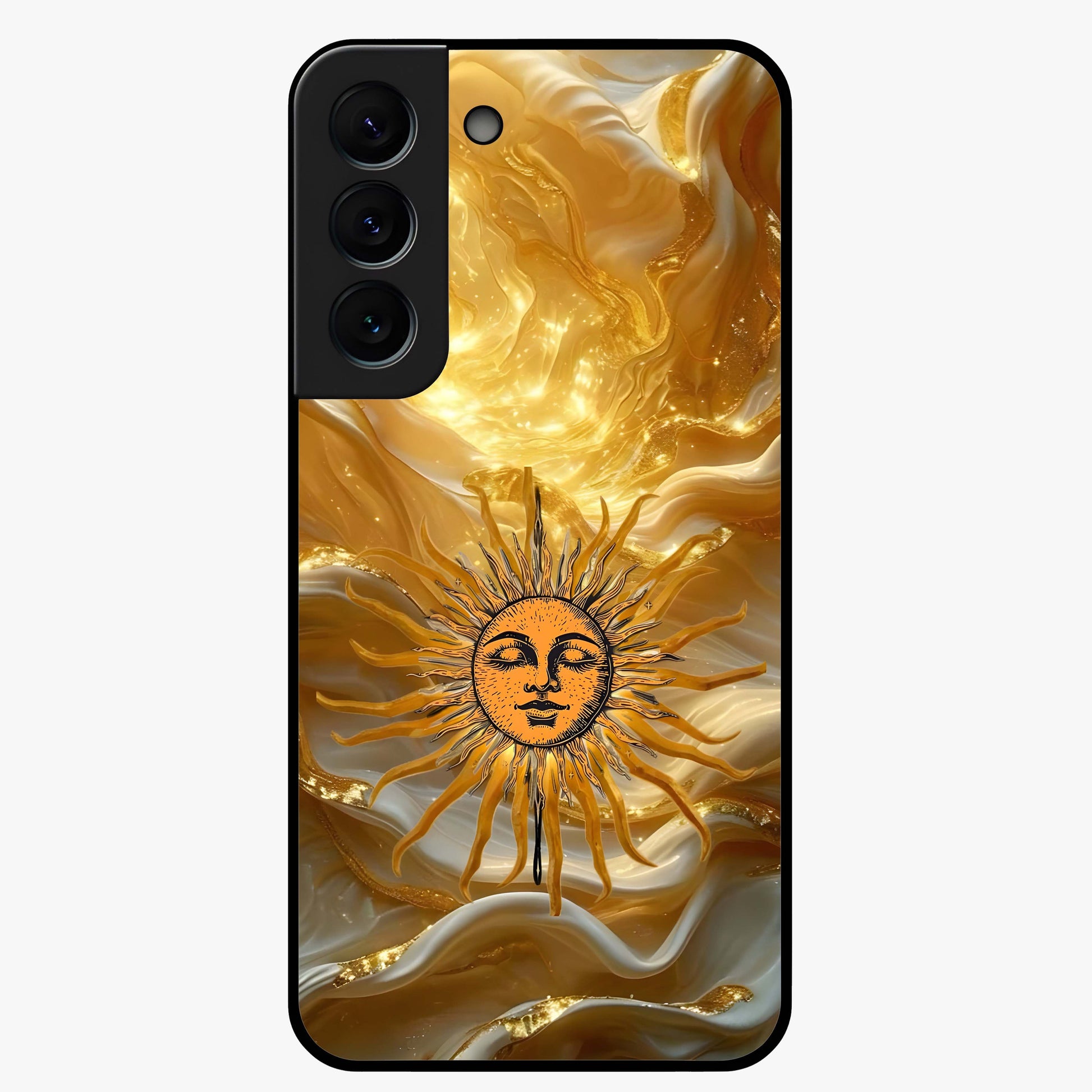Eternal Golden Glow Glass Case showing flat back view with radiant golden themed artwork and glossy glass finish.