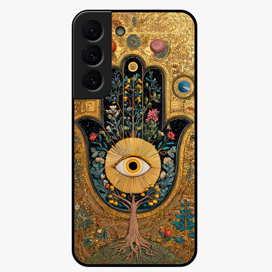 Ethereal Evil Eye Glass Case showing flat back view with mystical evil eye artwork and glossy glass finish.