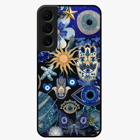 Evil Eye Charm Mix Glass Case showing flat back view with multiple evil eye charms artwork and glossy glass finish.