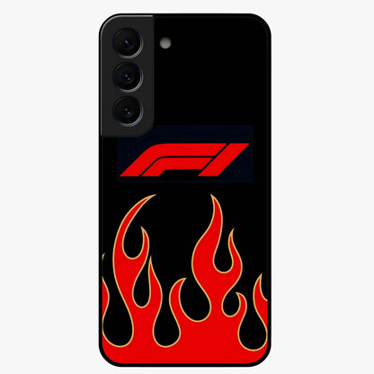 Fire F11 Glass Case showing flat back view with fiery themed artwork and glossy glass finish.