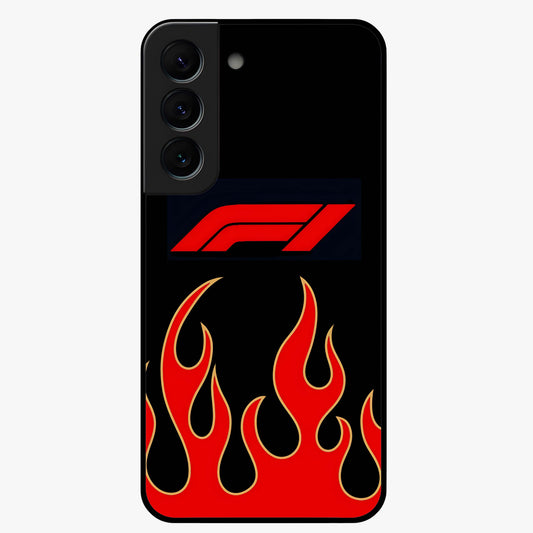 Fire F11 Glass Case showing flat back view with fiery themed artwork and glossy glass finish.