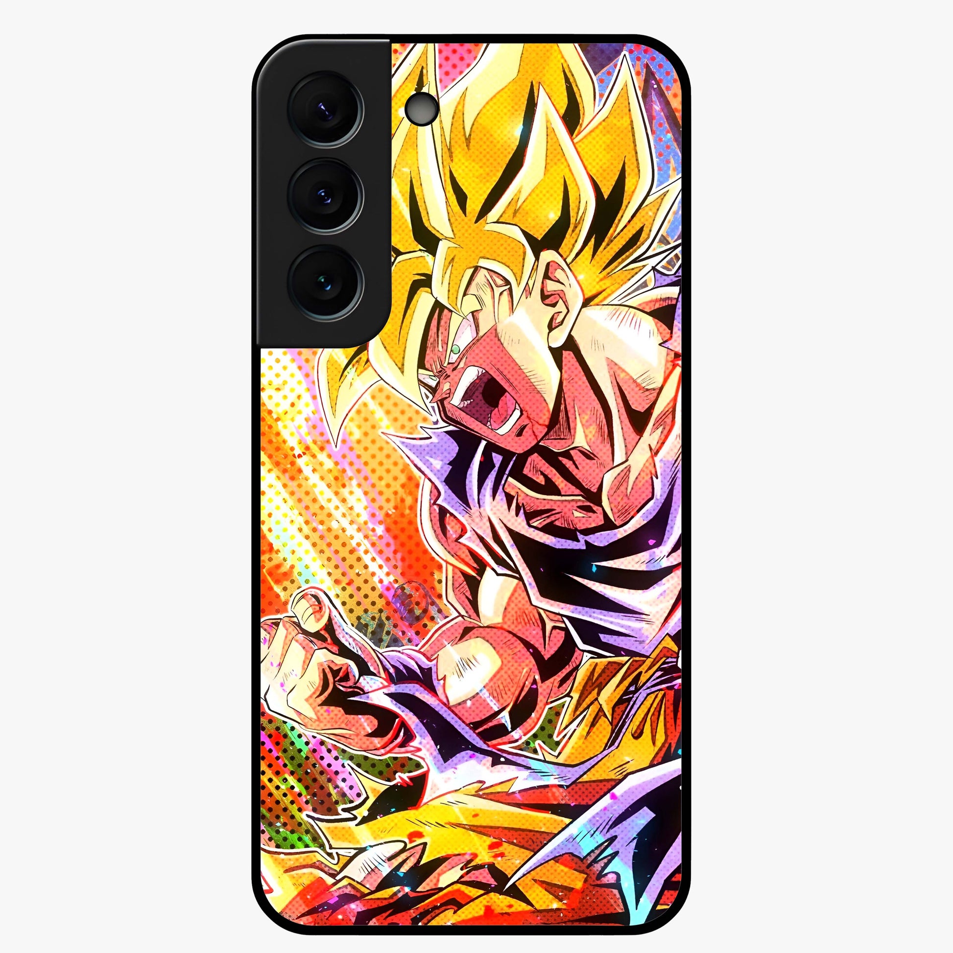 Firing Goku Glass Case showing flat back view with powerful anime inspired artwork and glossy glass finish.