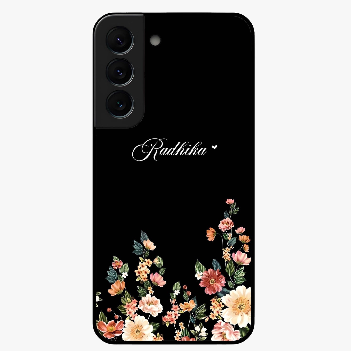 Floral Design With a Custom Personalized Name Glass Case showing flat back view with floral artwork and personalized name design.