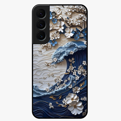 Floral Wave Origami Glass Case showing flat back view with origami inspired floral wave artwork and glossy glass finish.