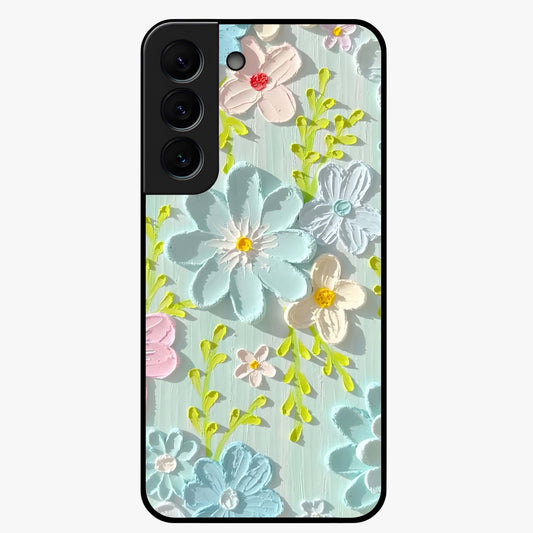 Frosted Petal Garden Glass Case showing flat back view with soft frosted floral artwork and glossy glass finish.