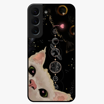 Galactic Cat Glass Case showing flat back view with cosmic cat artwork and glossy glass finish.