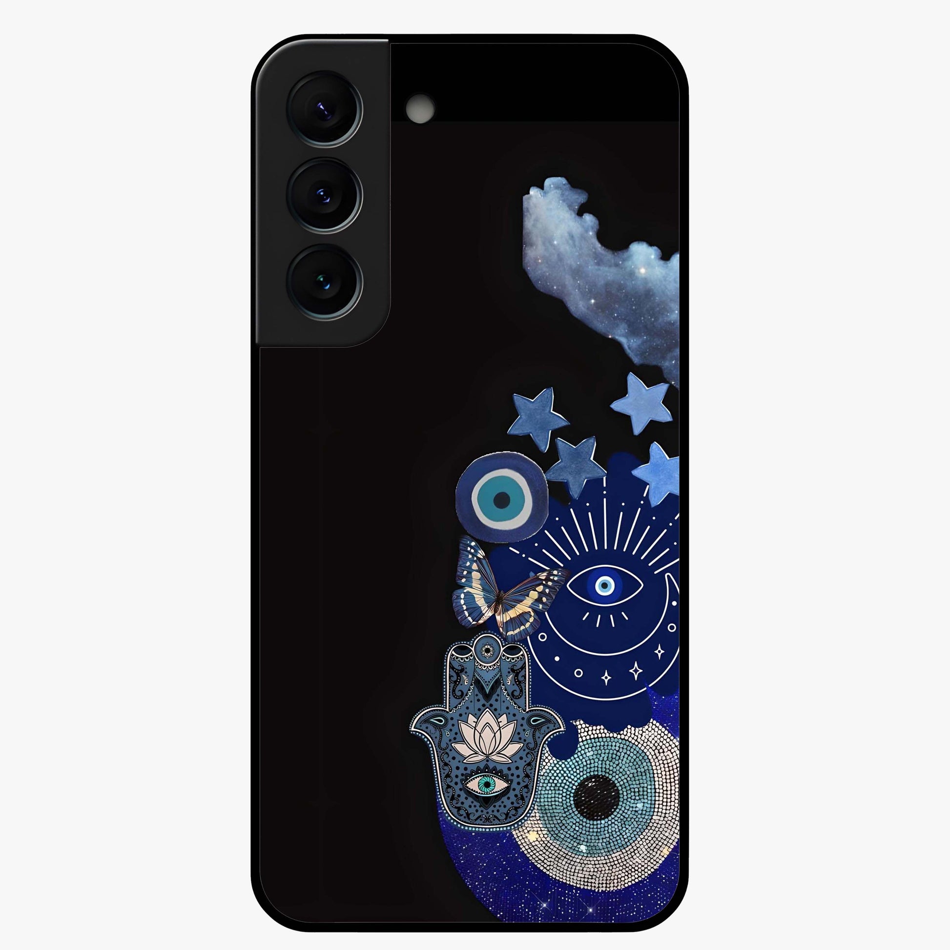 Galactic Charm Cluster Glass Case showing flat back view with glowing celestial charm artwork and glossy glass finish.