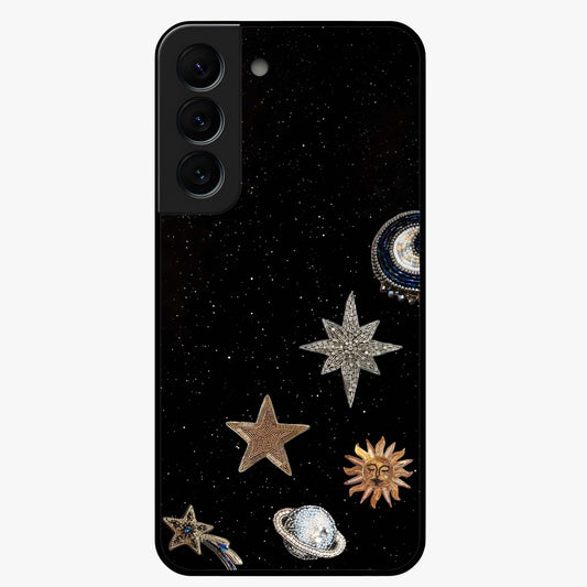 Galactic Charm Glow Glass Case showing flat back view with glowing celestial charm artwork and glossy glass finish.