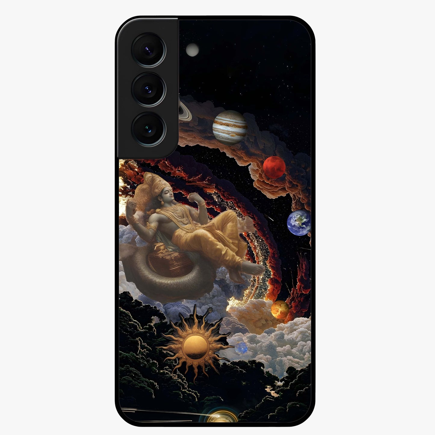 Galactic Divine God Glass Case showing flat back view with divine cosmic themed artwork and glossy glass finish.