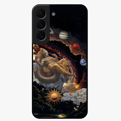 Galactic Divine God Glass Case showing flat back view with divine cosmic themed artwork and glossy glass finish.
