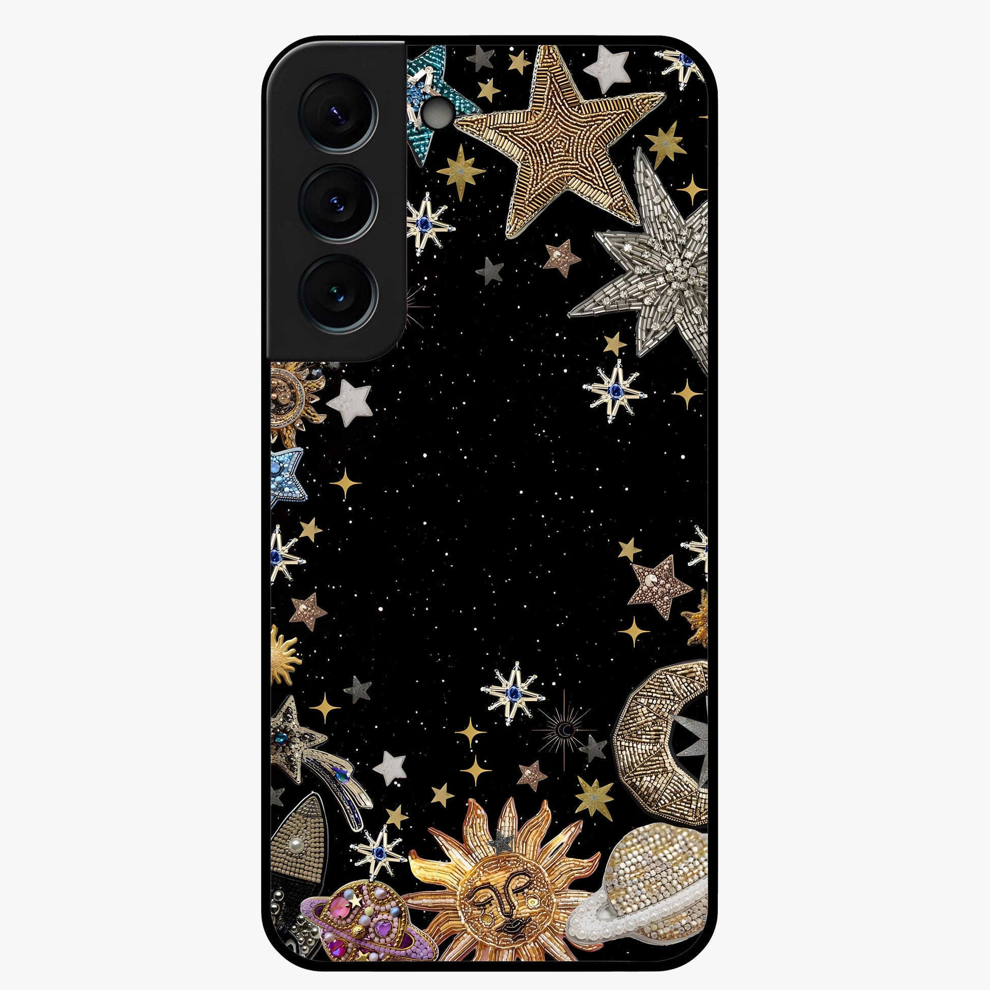 Galactic Jewel Stars Glass Case showing flat back view with sparkling star jewel artwork and glossy glass finish.