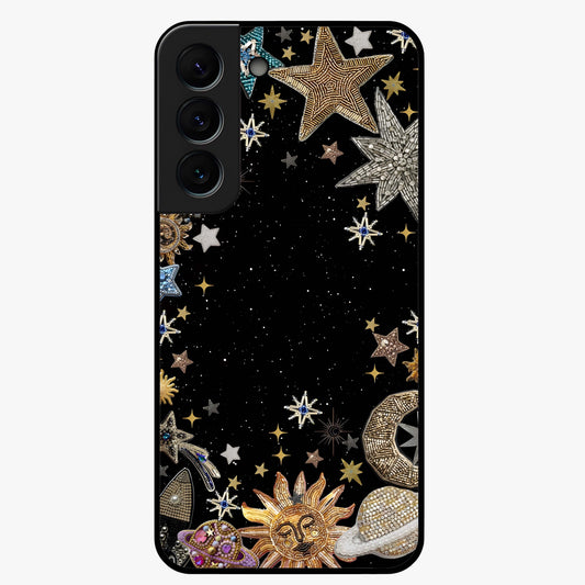 Galactic Jewel Stars Glass Case showing flat back view with sparkling star jewel artwork and glossy glass finish.