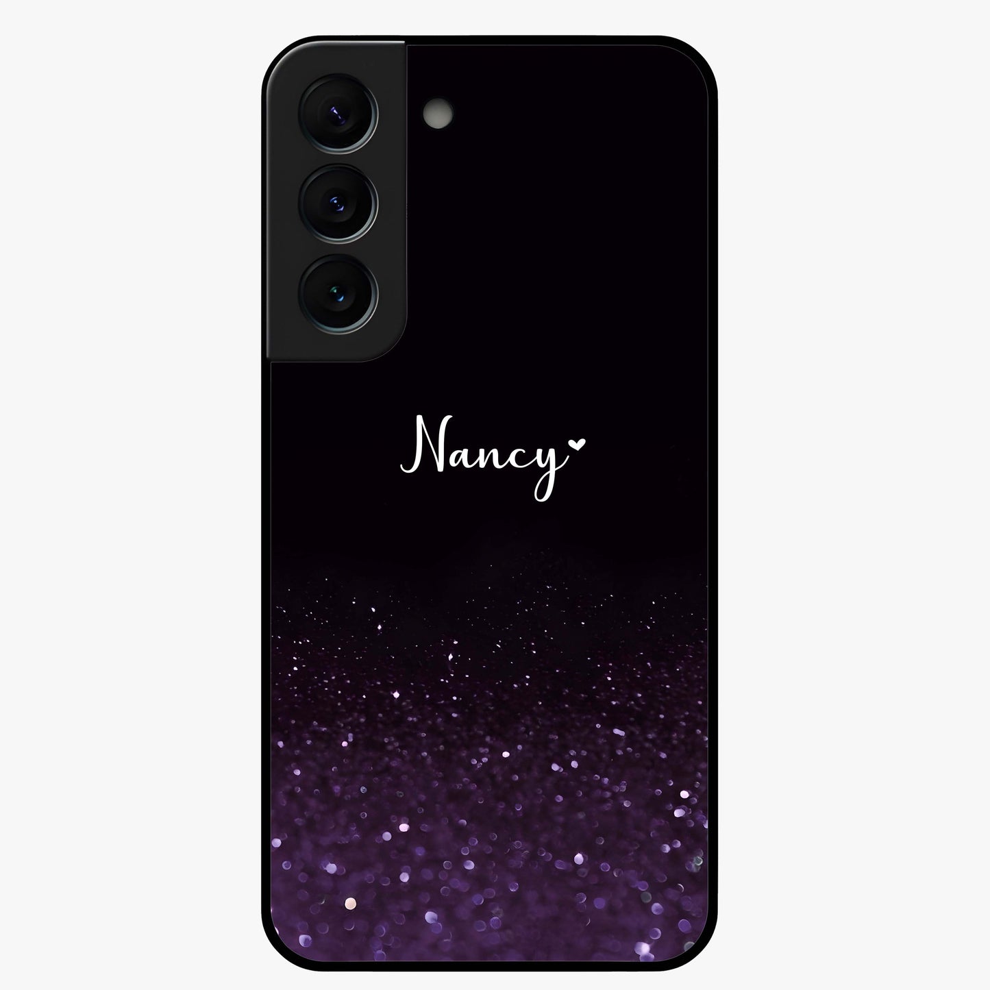Glittery Purple Bokeh Custom Name Glass Case showing flat back view with purple bokeh sparkle artwork and personalized name design.