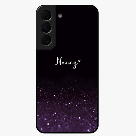 Glittery Purple Bokeh Custom Name Glass Case showing flat back view with purple bokeh sparkle artwork and personalized name design.