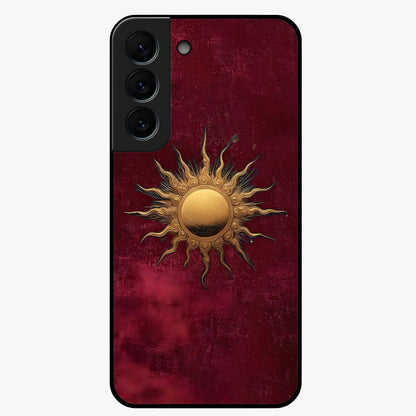 Gold Sun Blush Glass Case showing flat back view with golden sun inspired artwork and glossy glass finish.