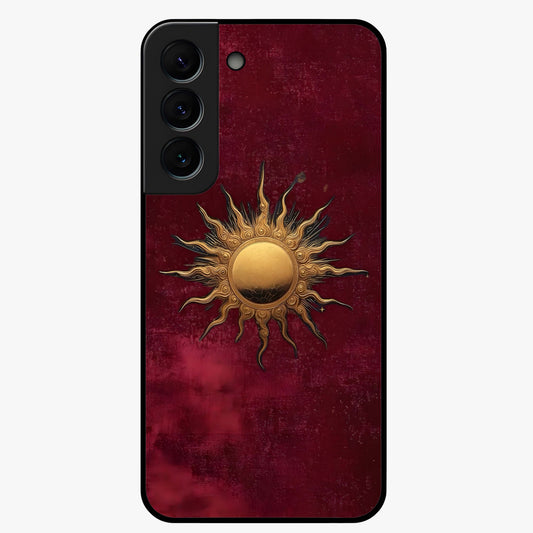 Gold Sun Blush Glass Case showing flat back view with golden sun inspired artwork and glossy glass finish.