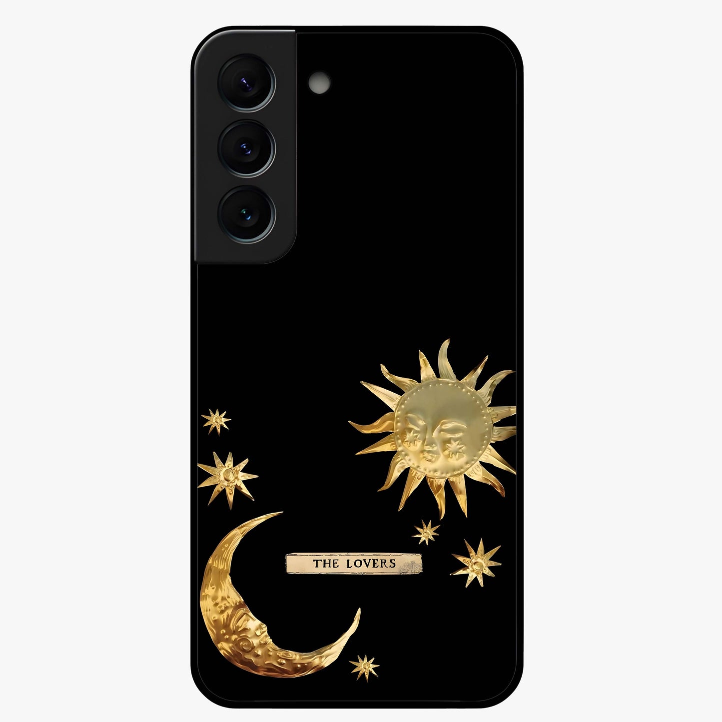 Golden Celestial Charm Glass Case showing flat back view with golden celestial charm artwork and glossy glass finish.