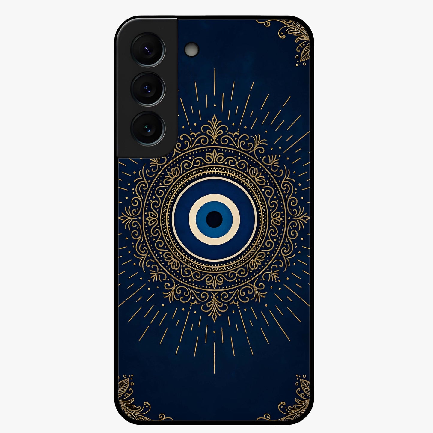 Golden Evil Eye Mandala Glass Case showing flat back view with intricate evil eye mandala artwork and glossy glass finish.