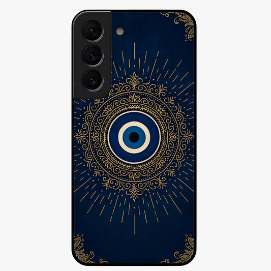 Golden Evil Eye Mandala Glass Case showing flat back view with intricate evil eye mandala artwork and glossy glass finish.
