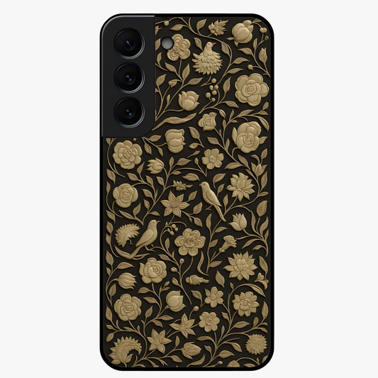 Golden Floral Majesty Glass Case showing flat back view with luxurious golden floral artwork and glossy glass finish.
