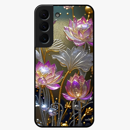 Golden Lotus Glow Glass Case showing flat back view with glowing lotus flower artwork and glossy glass finish.