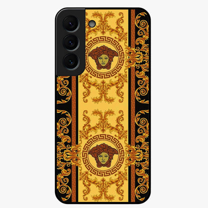 Golden Royal Heritage Glass Case showing flat back view with ornate royal pattern artwork and glossy glass finish.