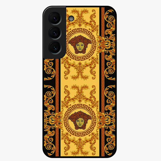 Golden Royal Heritage Glass Case showing flat back view with ornate royal pattern artwork and glossy glass finish.