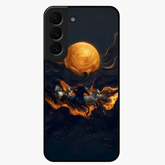 Golden Stallion Moonride Glass Case showing flat back view with majestic horse under moonlight artwork and glossy glass finish.