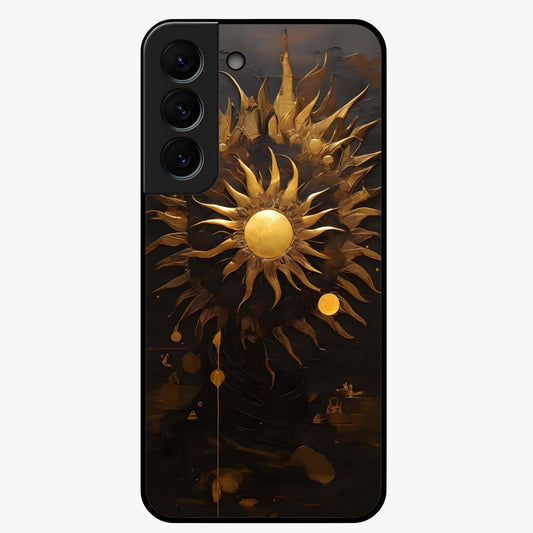 Golden Sun Majesty Glass Case showing flat back view with radiant golden sun artwork and glossy glass finish.