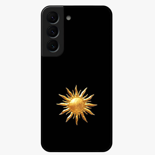 Golden Sun Minimalism Glass Case showing flat back view with minimal golden sun artwork and glossy glass finish.