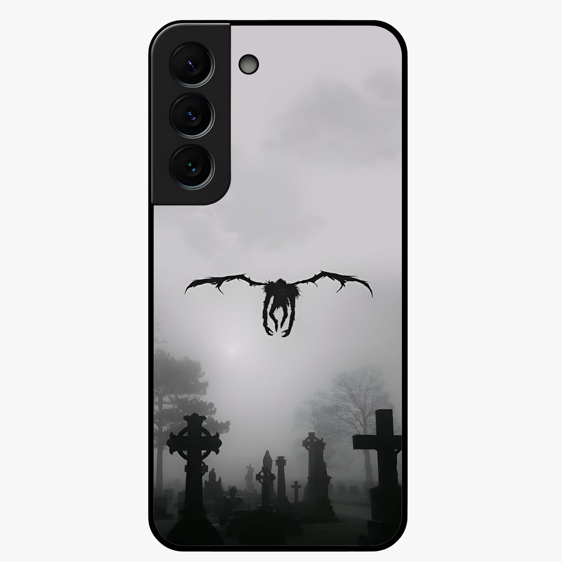 Graveyard Shadow Descent Glass Case showing flat back view with dark graveyard themed artwork and glossy glass finish.