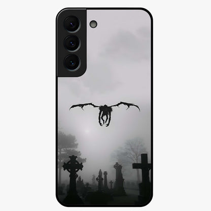 Graveyard Shadow Descent Glass Case showing flat back view with dark graveyard themed artwork and glossy glass finish.