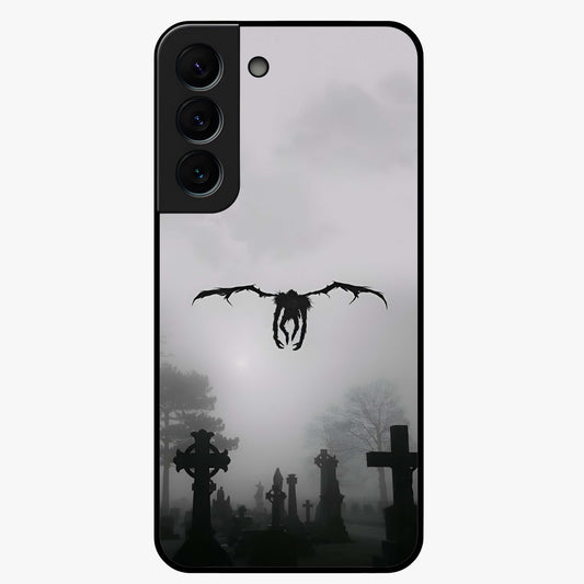Graveyard Shadow Descent Glass Case showing flat back view with dark graveyard themed artwork and glossy glass finish.